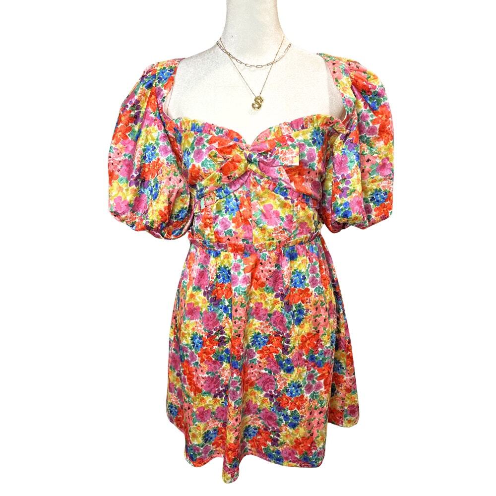 For Love & Lemons Merrill Puff Sleeve Floral Mini Dress Multicolor Size M